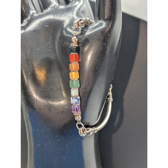 Vintage 925 Sterling Silver Natural Stone Square Bead Bar Link Bracelet - Picture 1 of 5